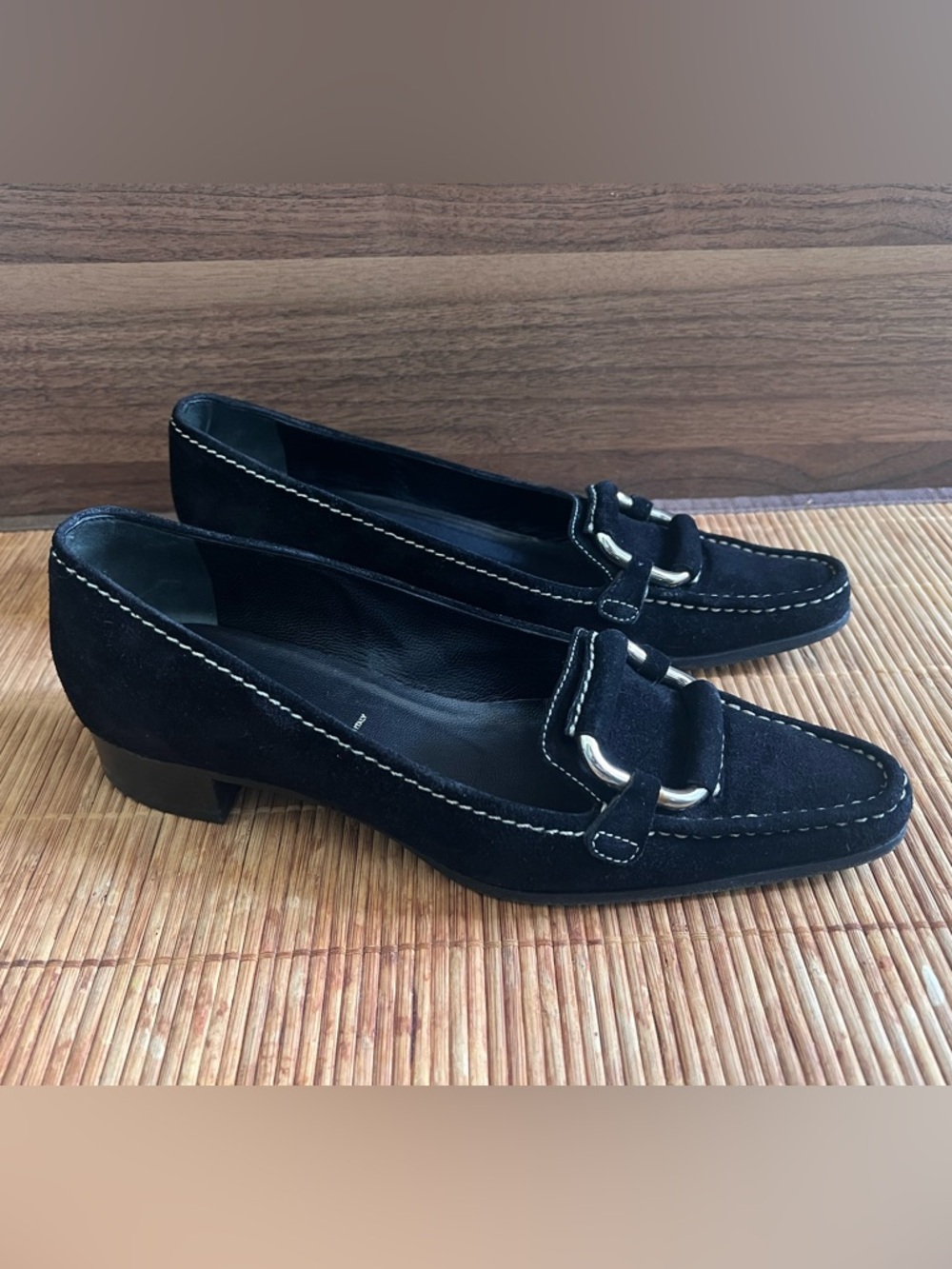 Prada Black Suede Loafers With Silver Tone Buckle Contrast Stitching Sz 36 Italy - Picture 14 of 16